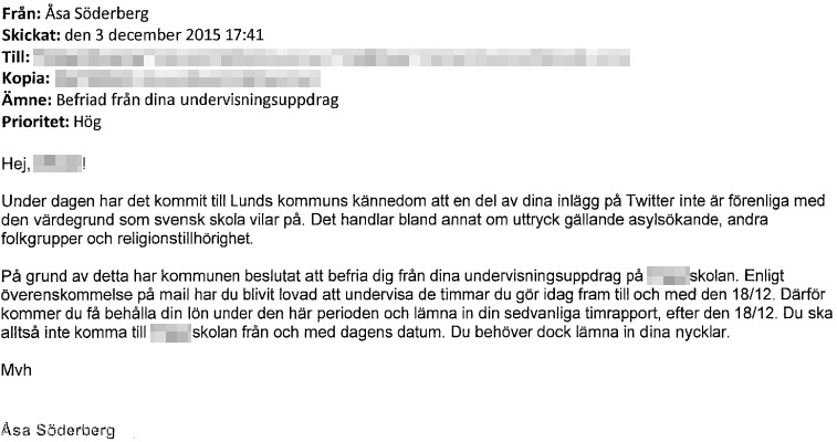 E-post från rektorn där läraren arbetsbefrias.