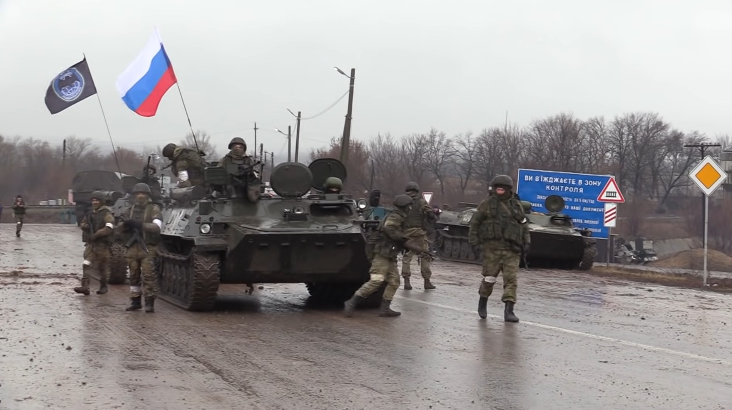 Russian troops in Novoaidar. The settlement was captured on 3 March 2022. Wikipedia.
